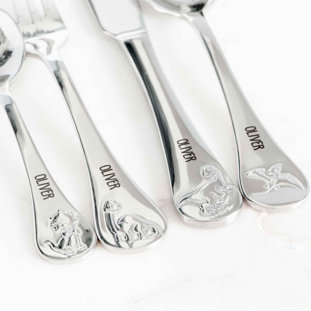 Custom Artwork Engraved Name Stainless Steel Dinosaurs Baby Cutlery 4 Piece Set Dishwasher Safe