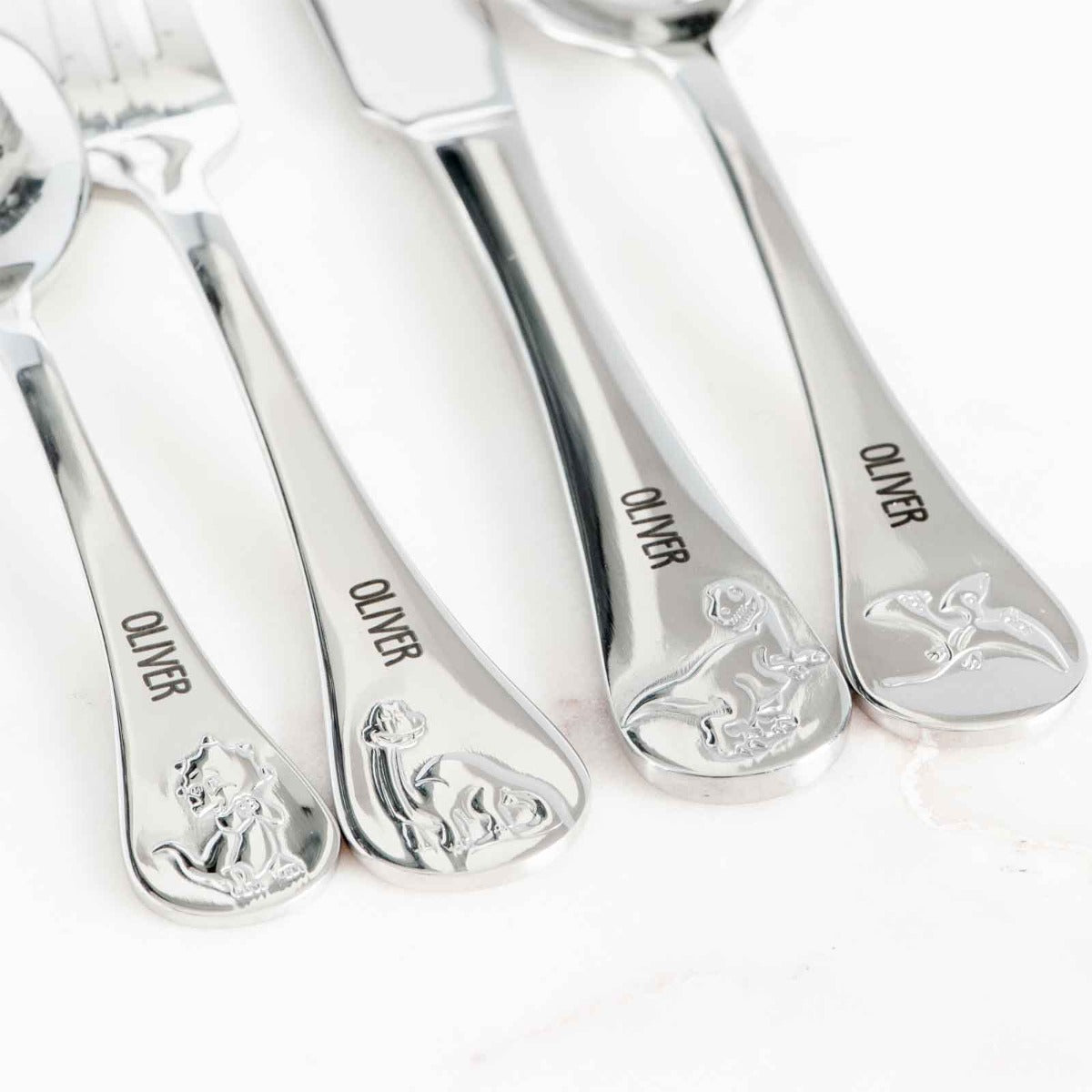 Custom Artwork Engraved Name Stainless Steel Dinosaurs Baby Cutlery 4 Piece Set Dishwasher Safe