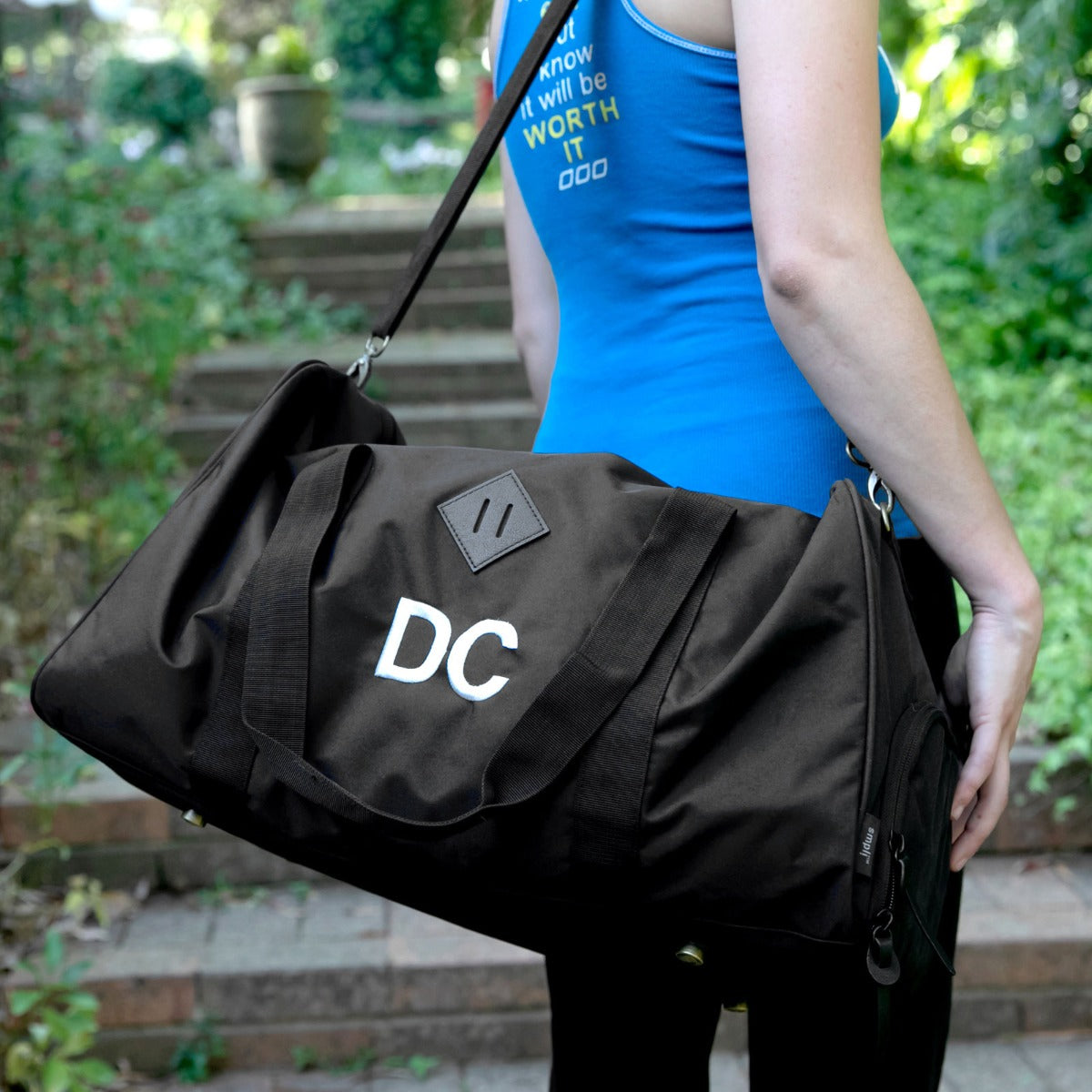 Embroidered Black Sports Duffle Bag with Shoe Compartment