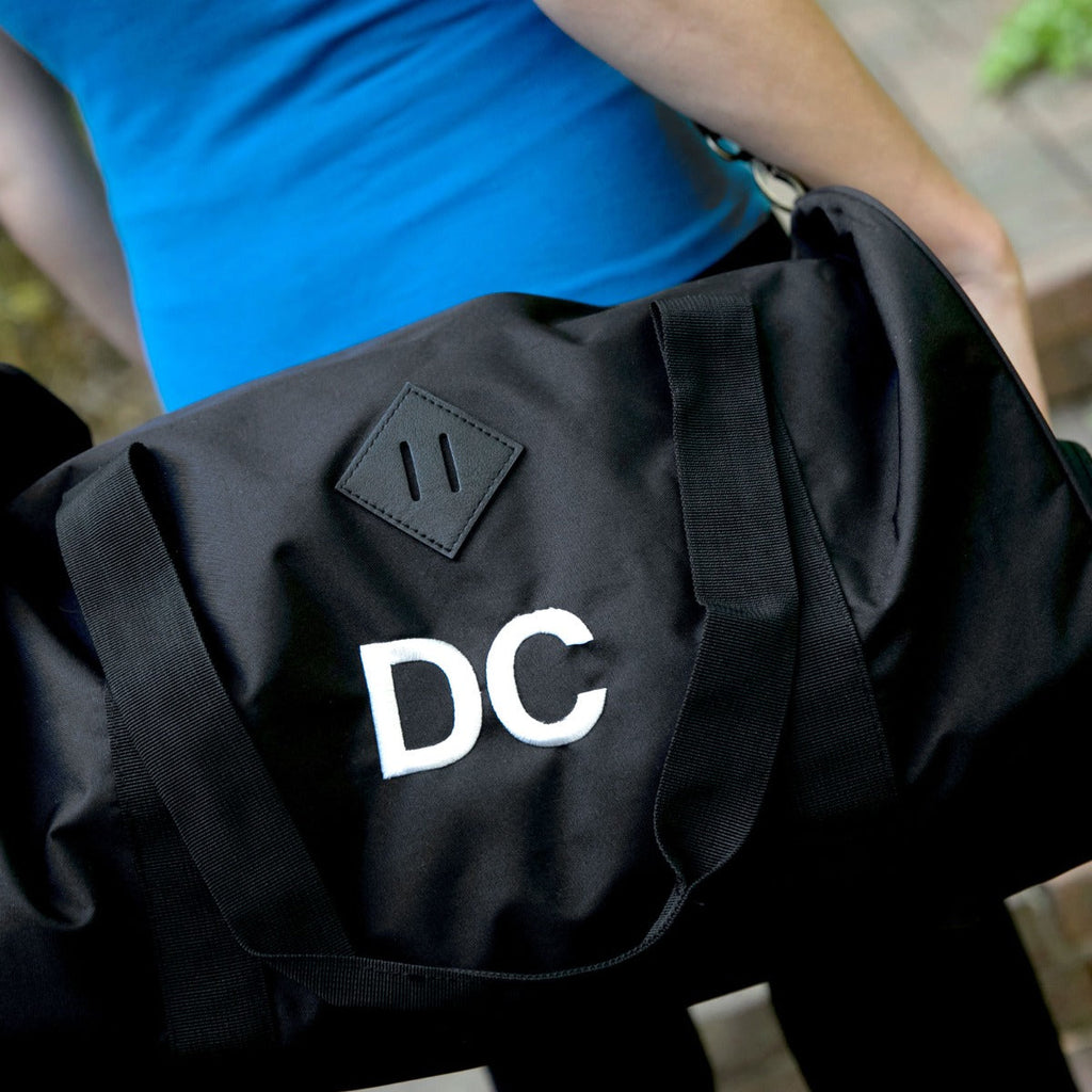 Embroidered Black Sports Duffle Bag with Shoe Compartment