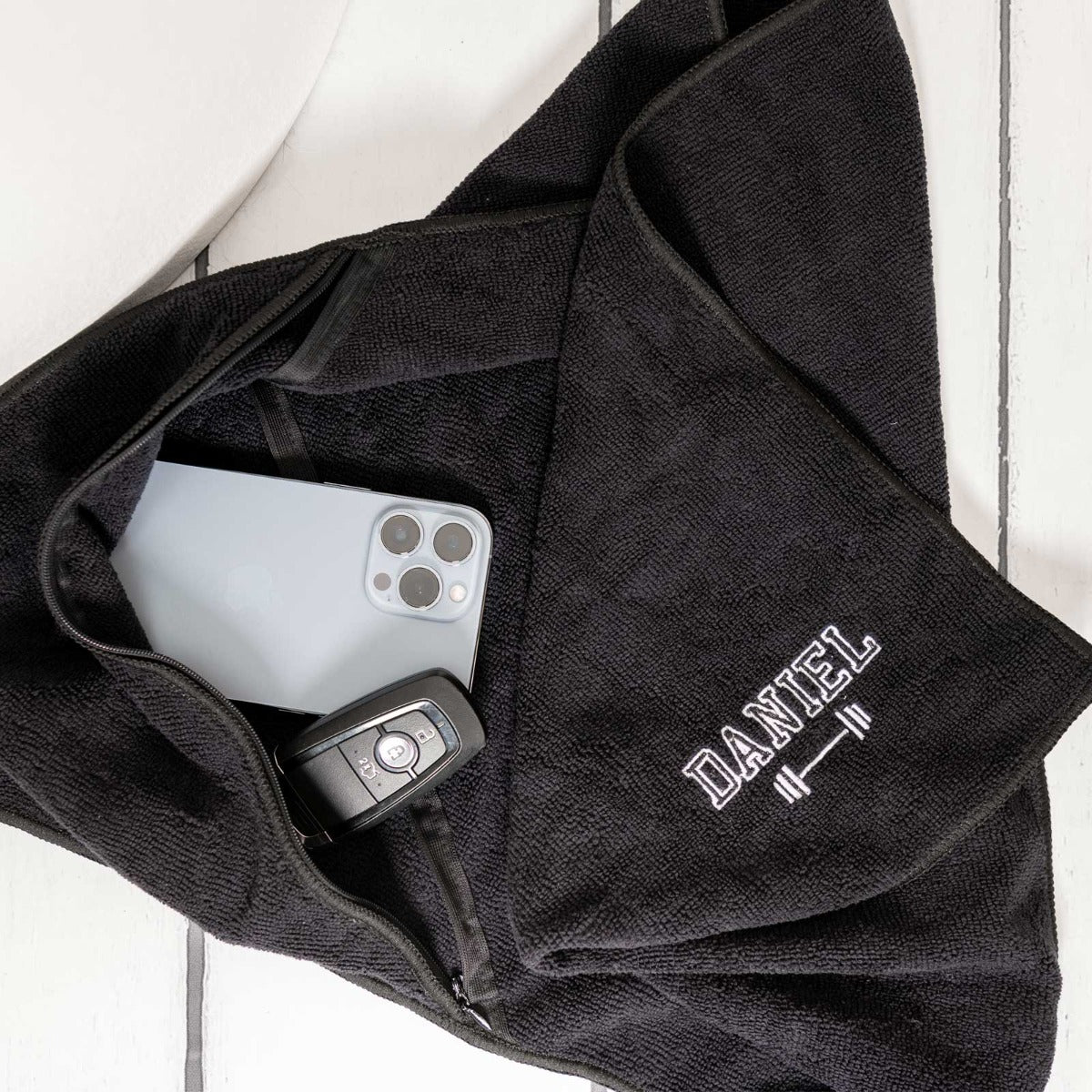 Personalised Embroidered Name Black Gym Towel with Zip Pocket