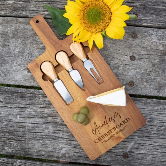 Engraved Acacia Wood Cheese Serving Board with Utensil Set
