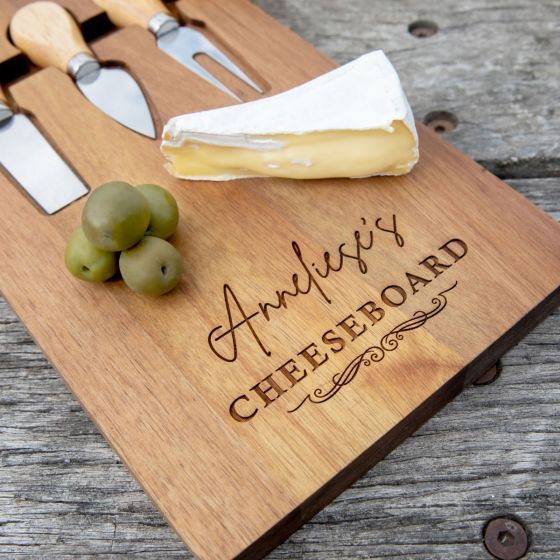 Engraved Acacia Wood Cheese Serving Board with Utensil Set