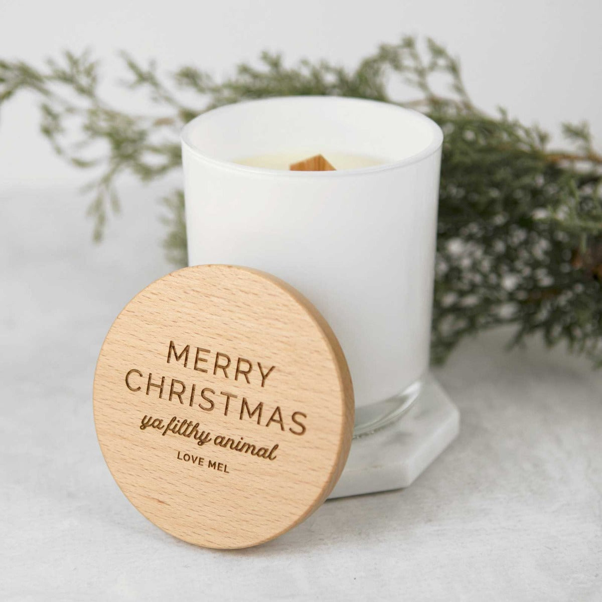 Engraved White Christmas Wood Wick Soy Candle with Wooden Lid