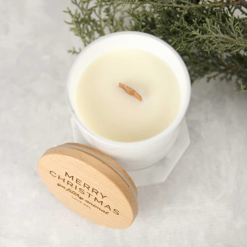 Engraved White Christmas Wood Wick Soy Candle with Wooden Lid