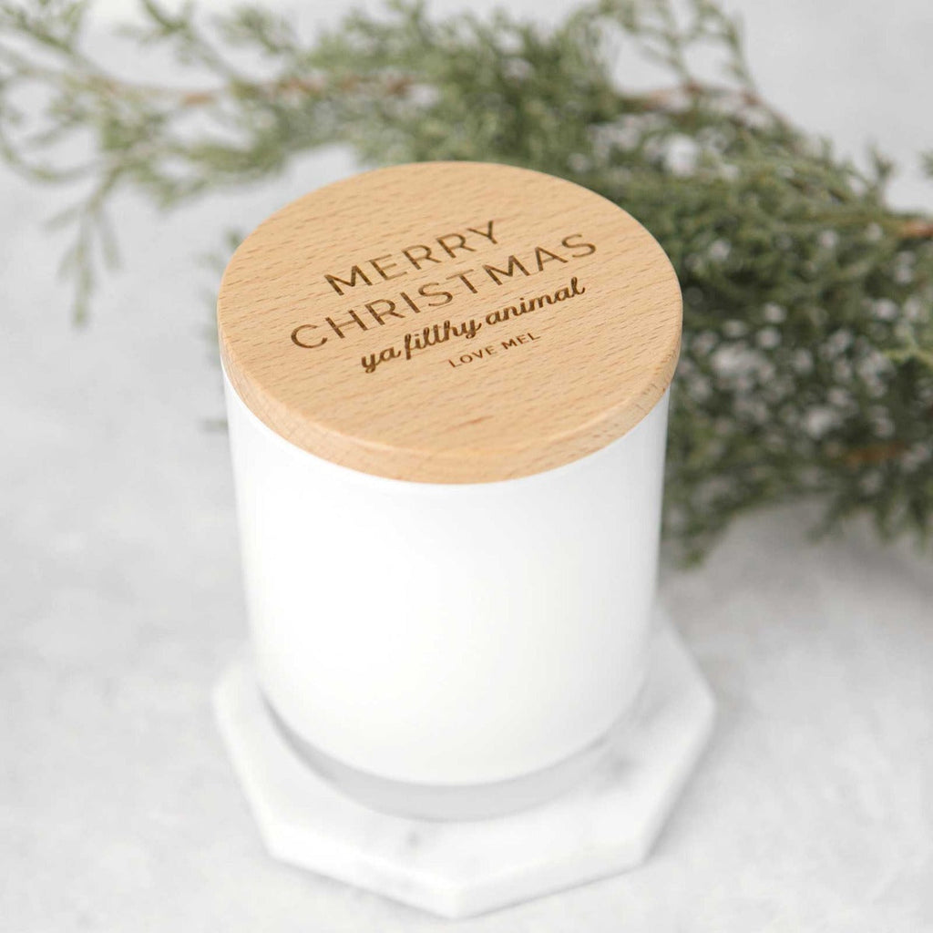 Engraved White Christmas Wood Wick Soy Candle with Wooden Lid