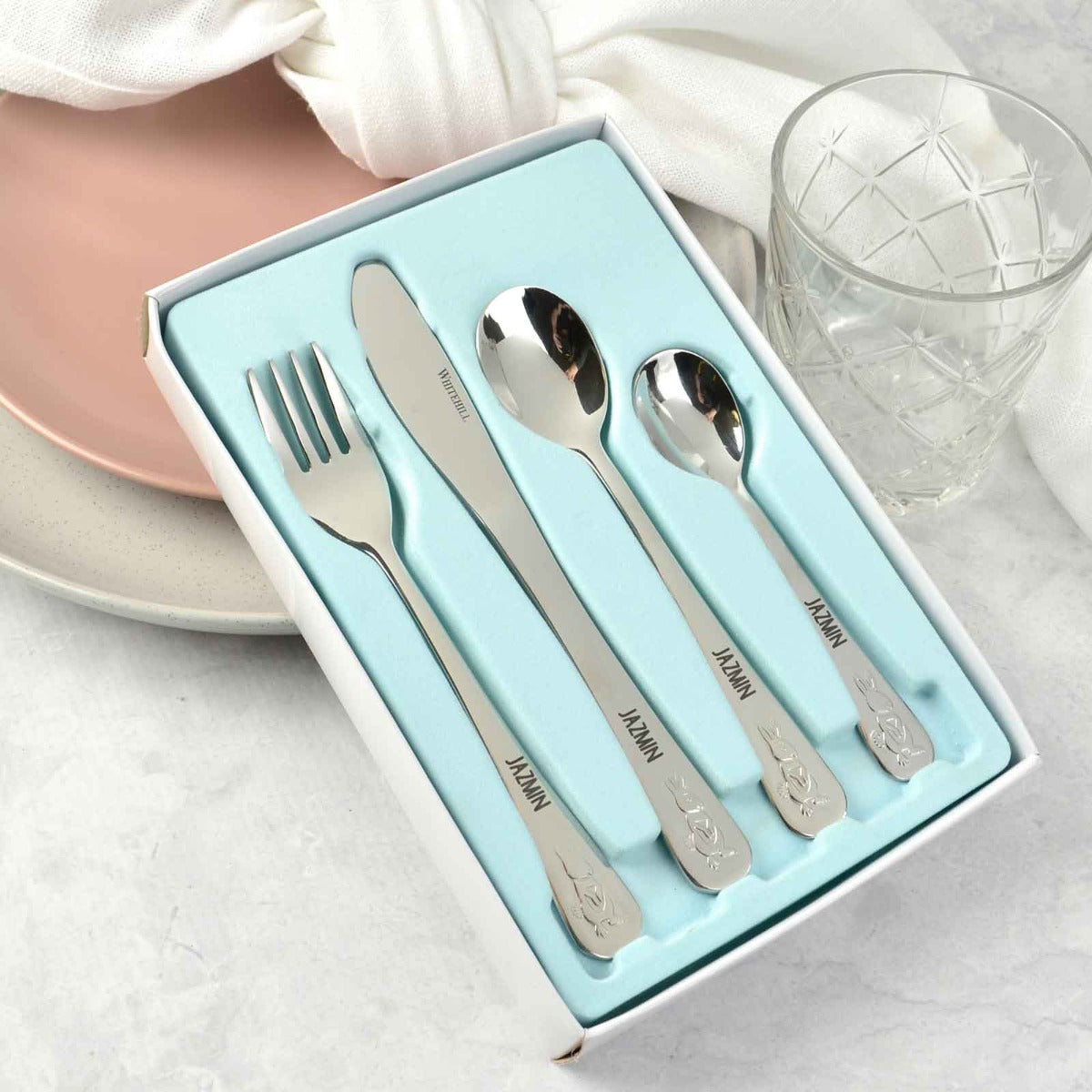 Engraved Silver Rabbit Children's Cutlery 4 Piece Set