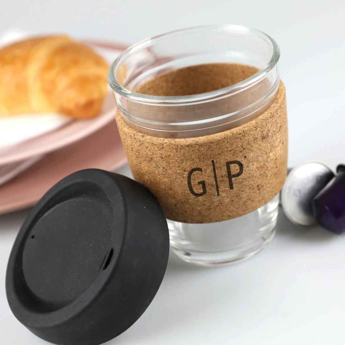Engraved Cork Band Reusable Glass Coffee Keep Cup