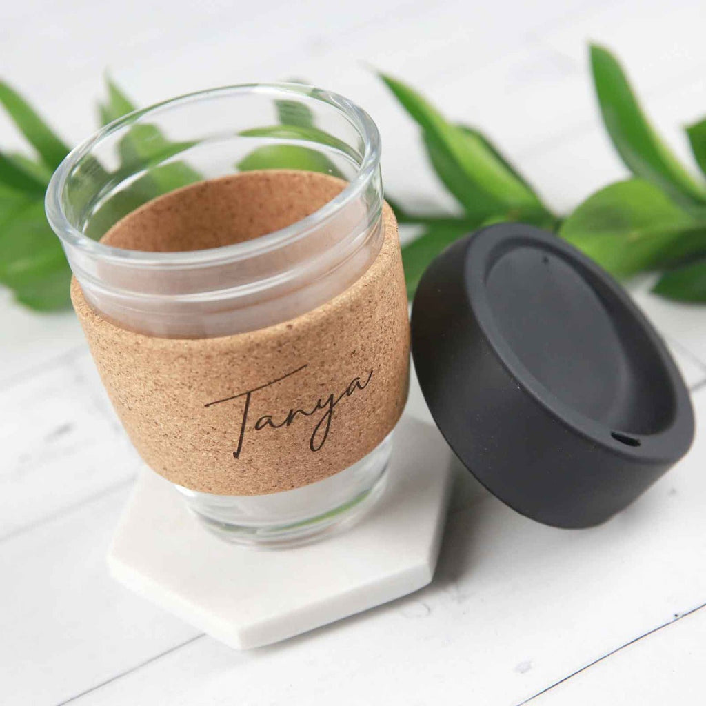 Engraved Cork Band Reusable Glass Coffee Keep Cup Birthday Gift