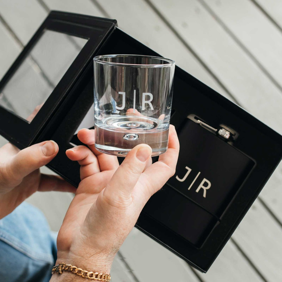 Gift Boxed Engraved Round Scotch Glass and Black 7oz Hip Flask