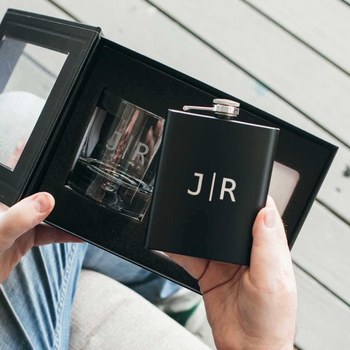 Gift Boxed Engraved Round Scotch Glass and Black 7oz Hip Flask