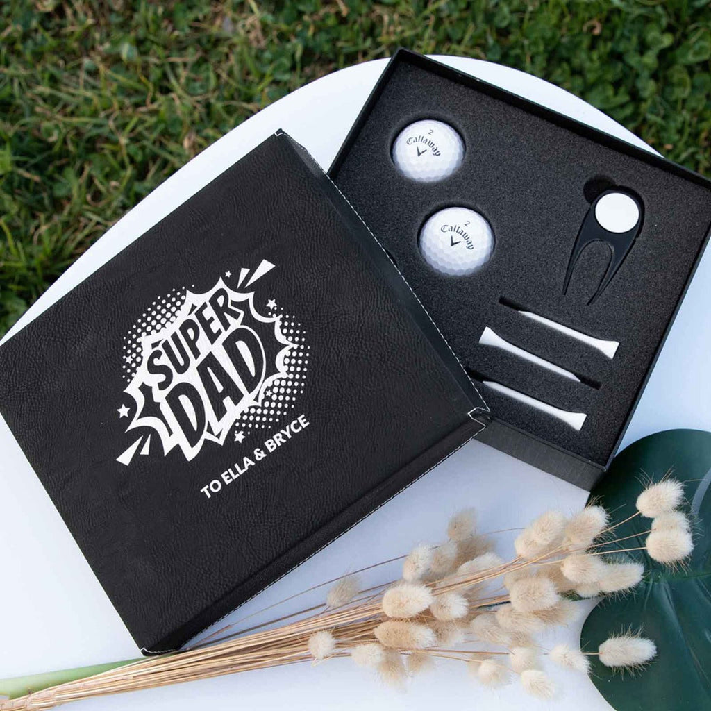 Engraved Super Dad Black Leatherette Golf Gift Set