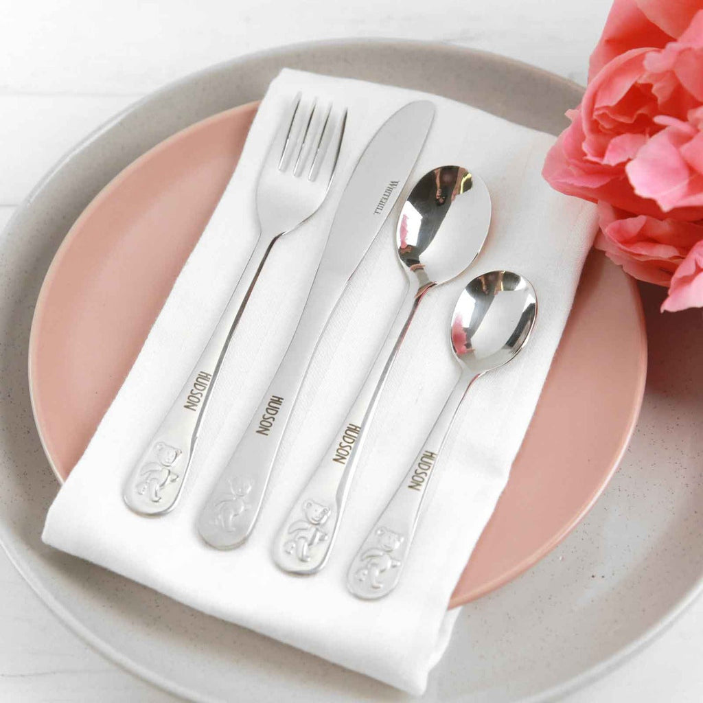 Engraved Silver Bear Children's Cutlery 4 Piece Set