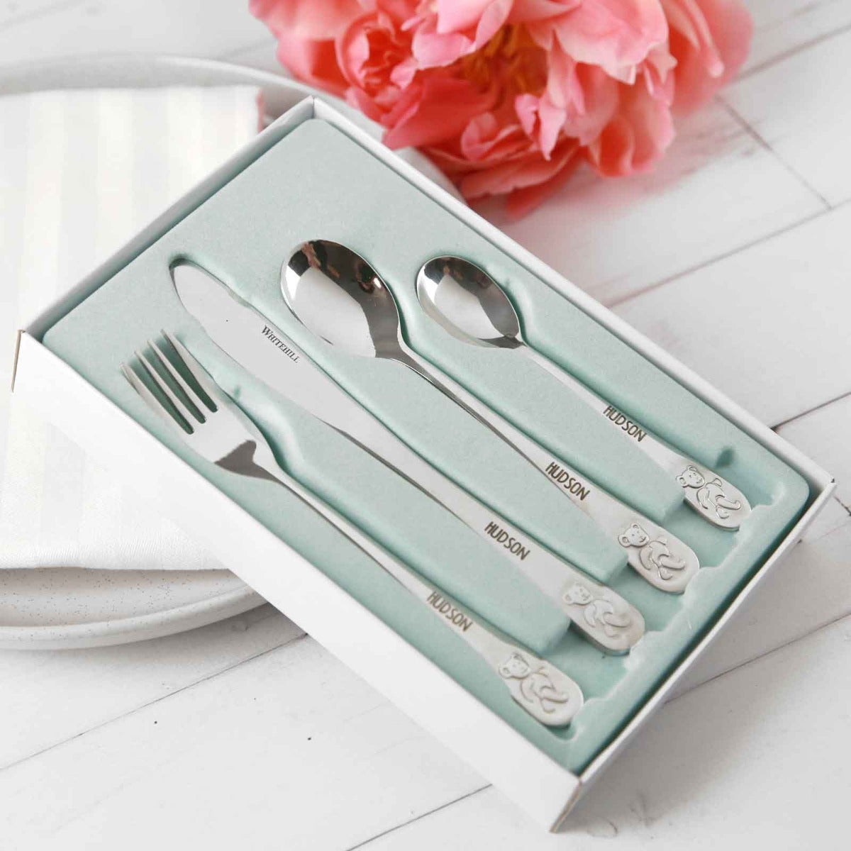 Engraved Silver Bear Children's Cutlery 4 Piece Set