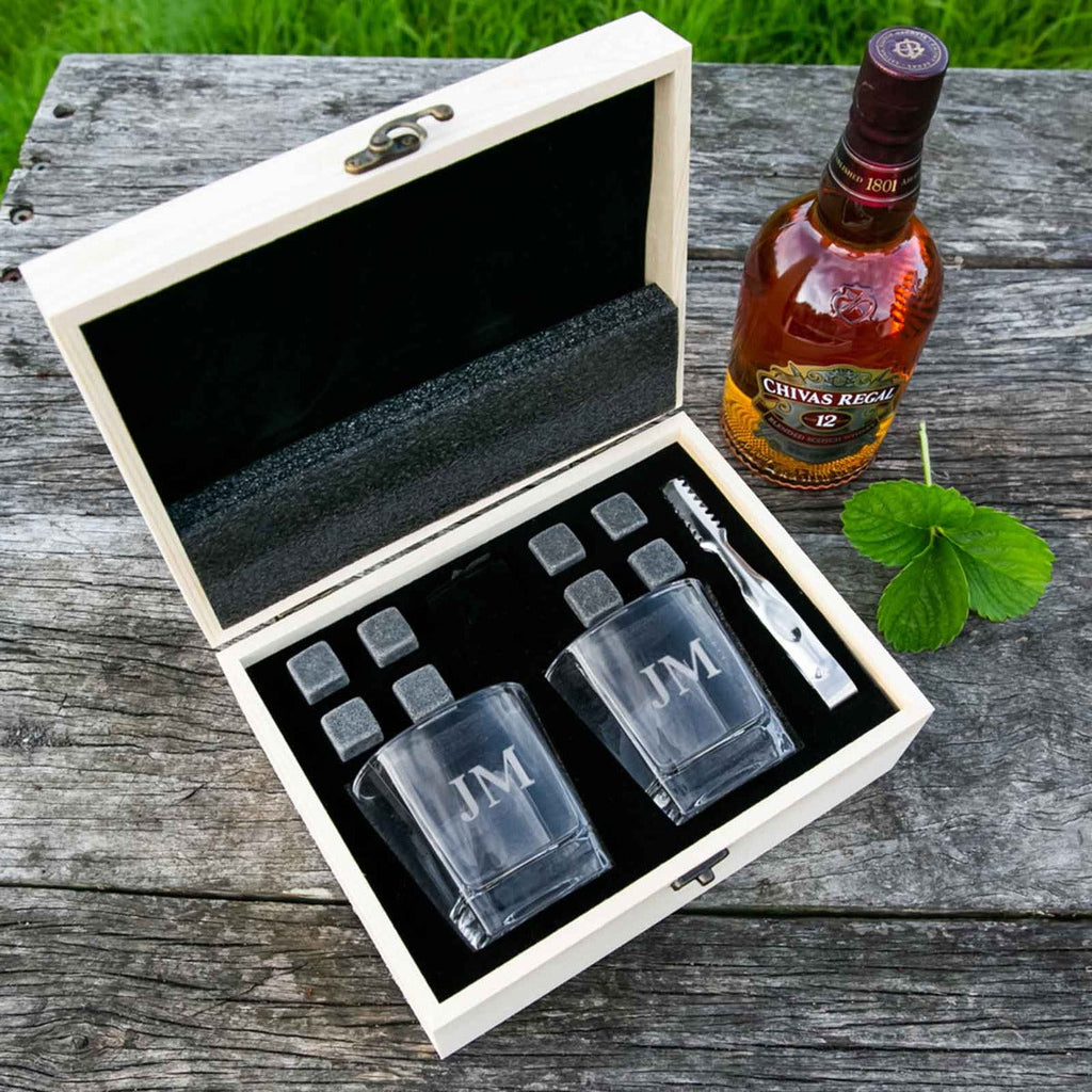 Engraved Wooden Gift Boxed Square Scotch Glass Twin Set with Whiskey Stones