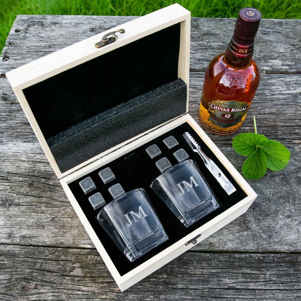 Engraved Wooden Gift Boxed Square Scotch Glass Twin Set with Whiskey Stones