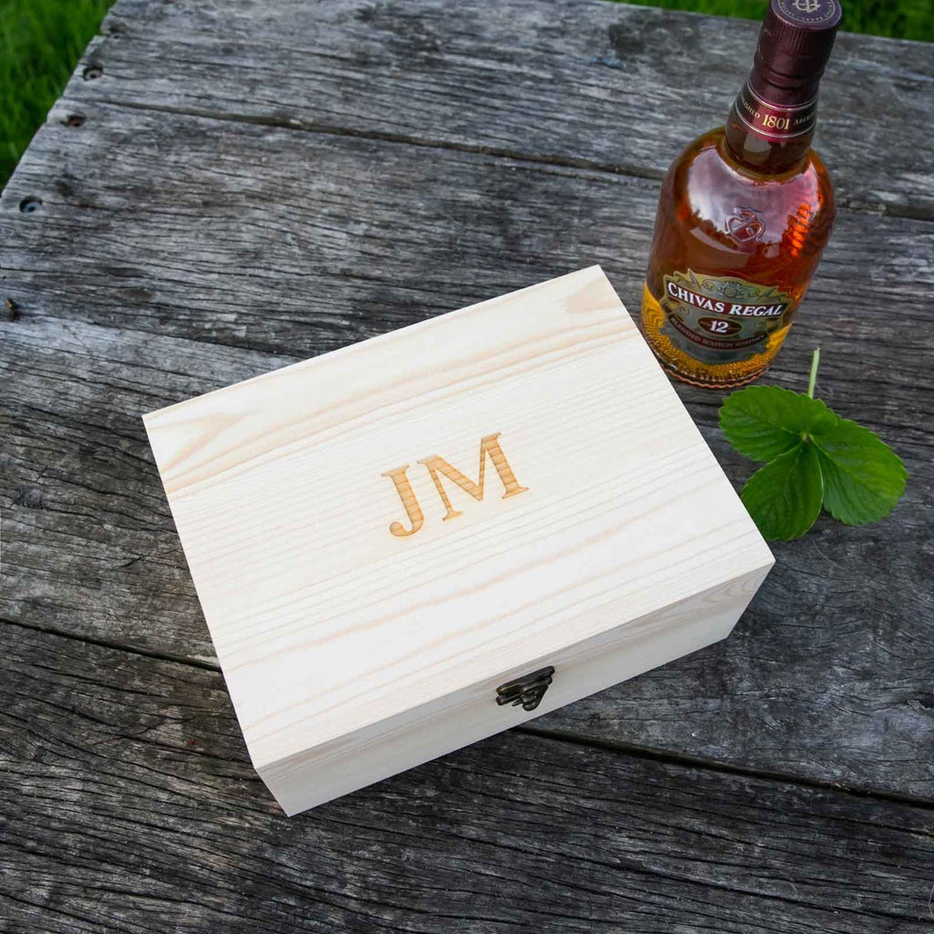 Engraved Wooden Gift Boxed Square Scotch Glass Twin Set with Whiskey Stones