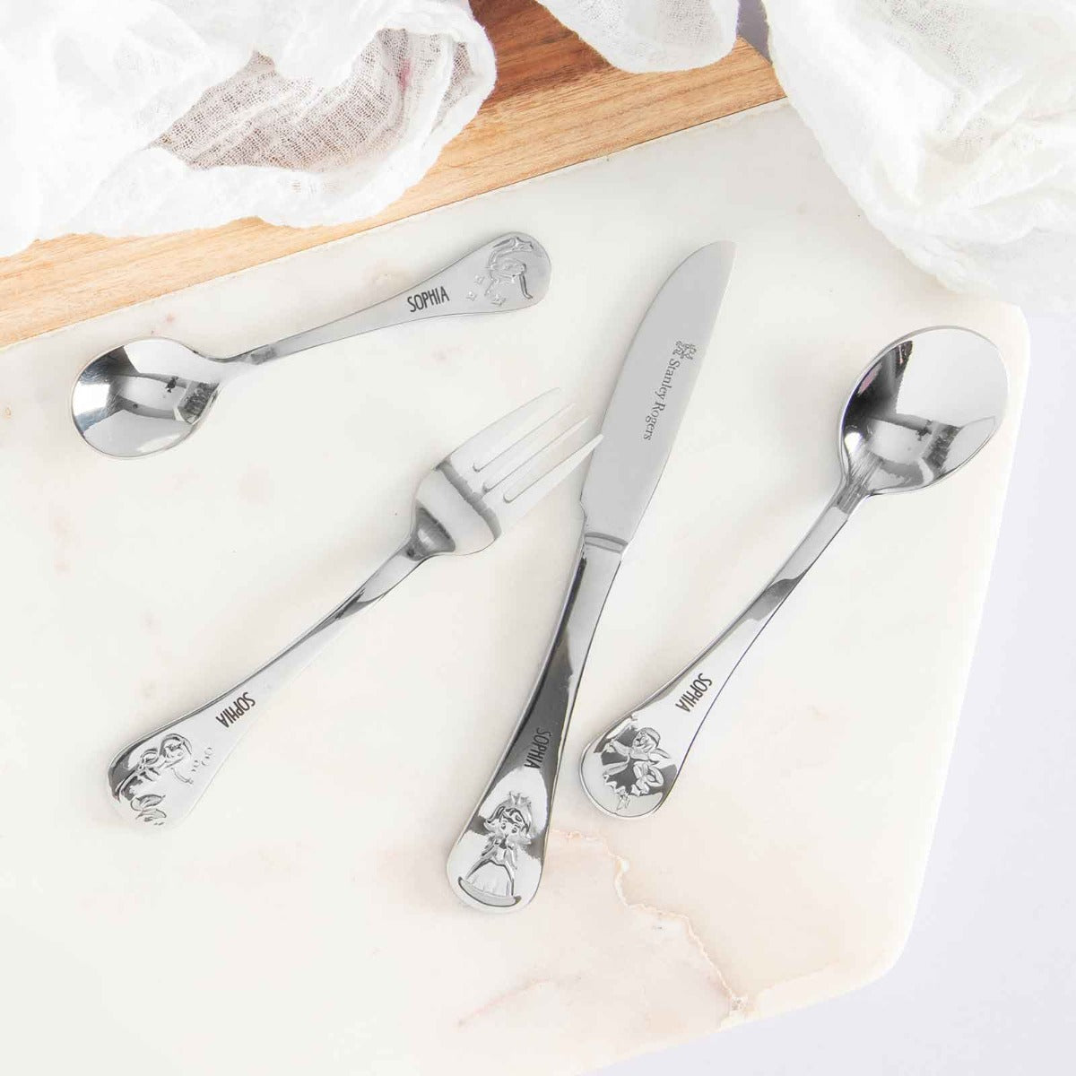 Custom Designed Engraved Name Stainless Steel Kid's Cutlery 4 Piece Set Princesses