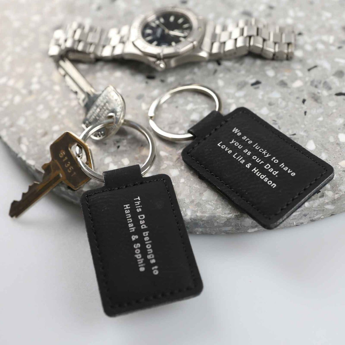 Father's Day Engraved Black Leatherette Keyring