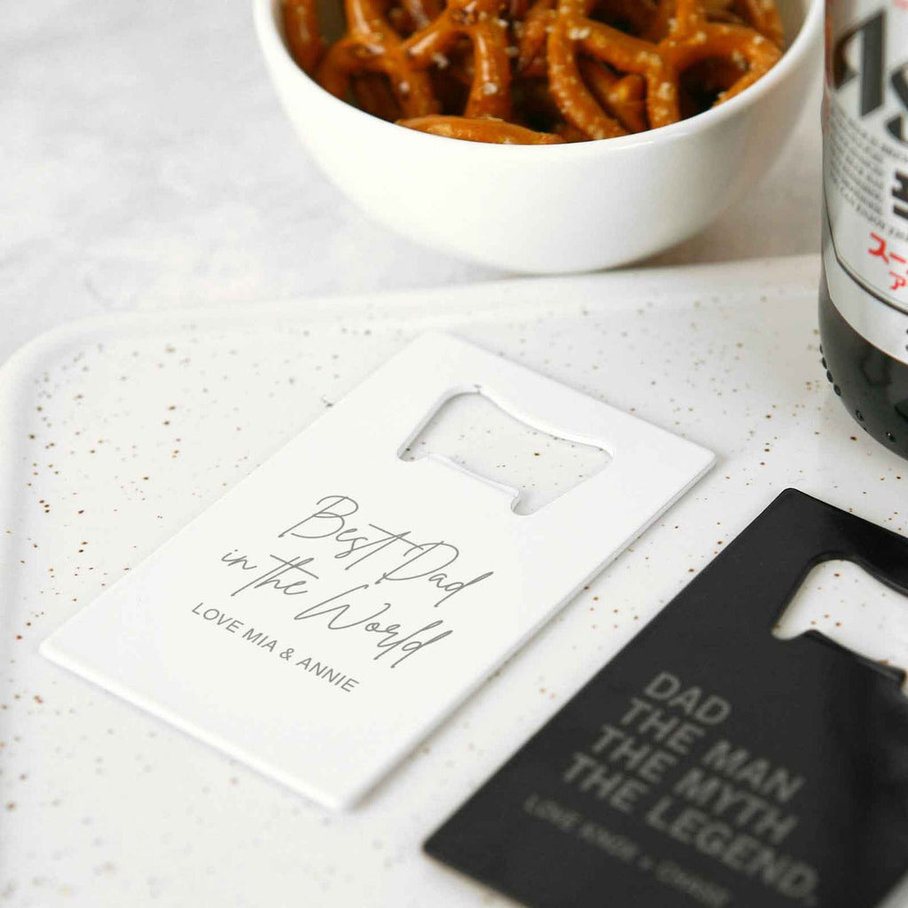 Engraved Black and White Father's Day Credit Card Bottle Opener