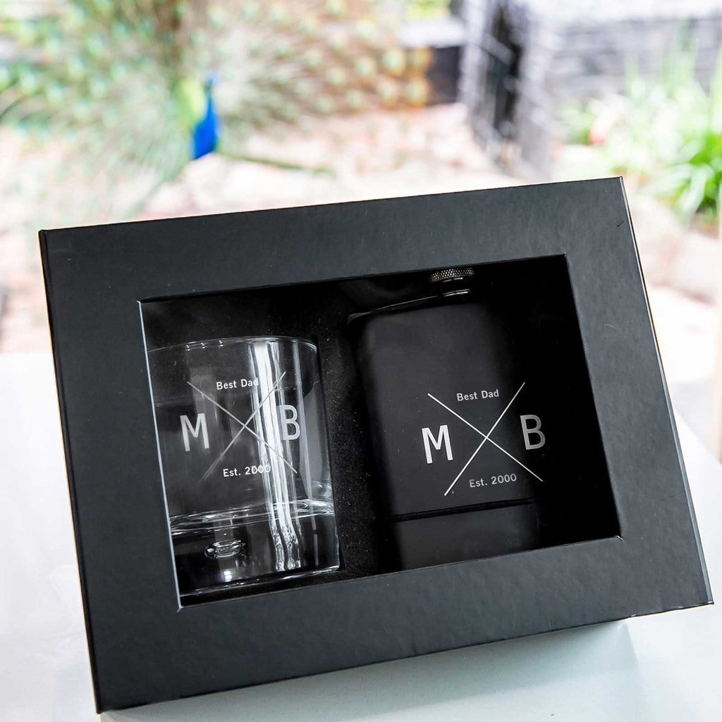 Gift Boxed Father's Day Engraved Round Scotch Glass and Black 7oz Hip Flask