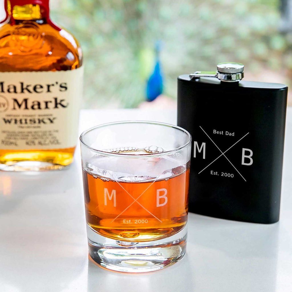 Gift Boxed Father's Day Engraved Round Scotch Glass and Black 7oz Hip Flask