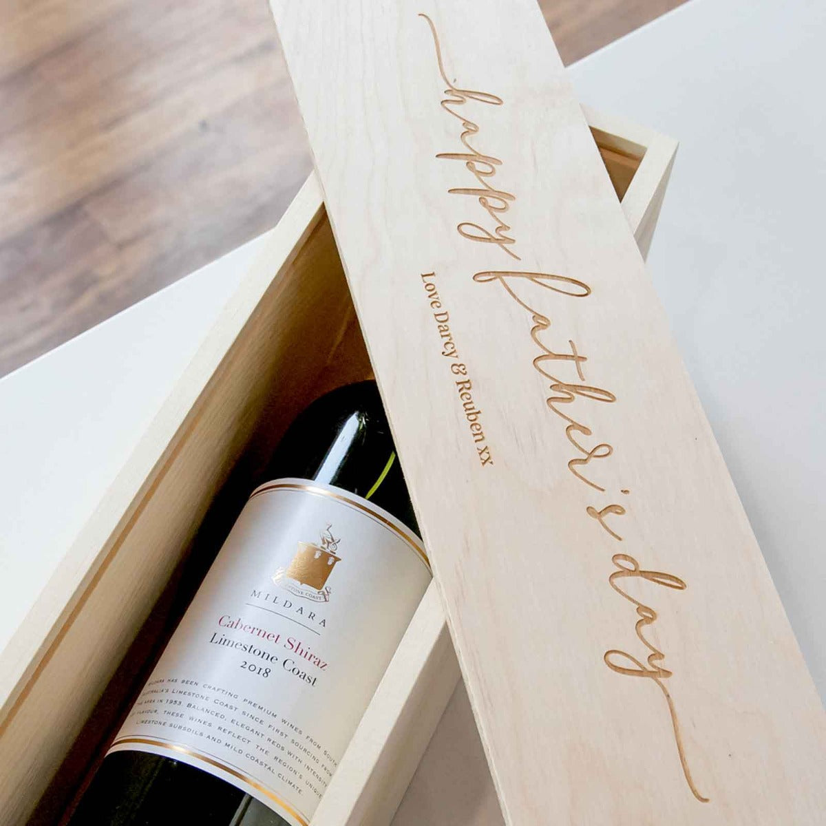 Father's Day Natural Pine Wine and Champagne Box with Engraved Lid