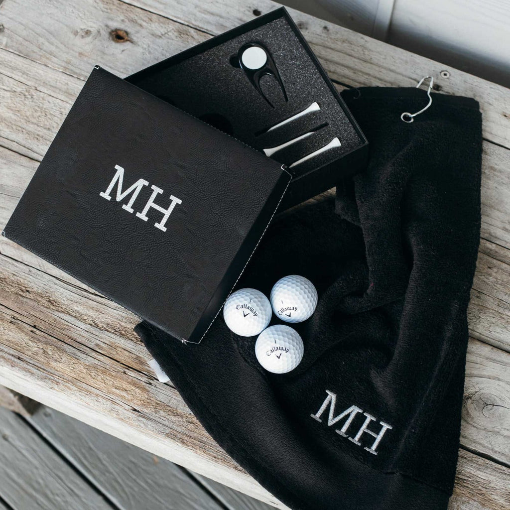 Engraved Leatherette Golf Gift Set with Embroidered Golf Towel