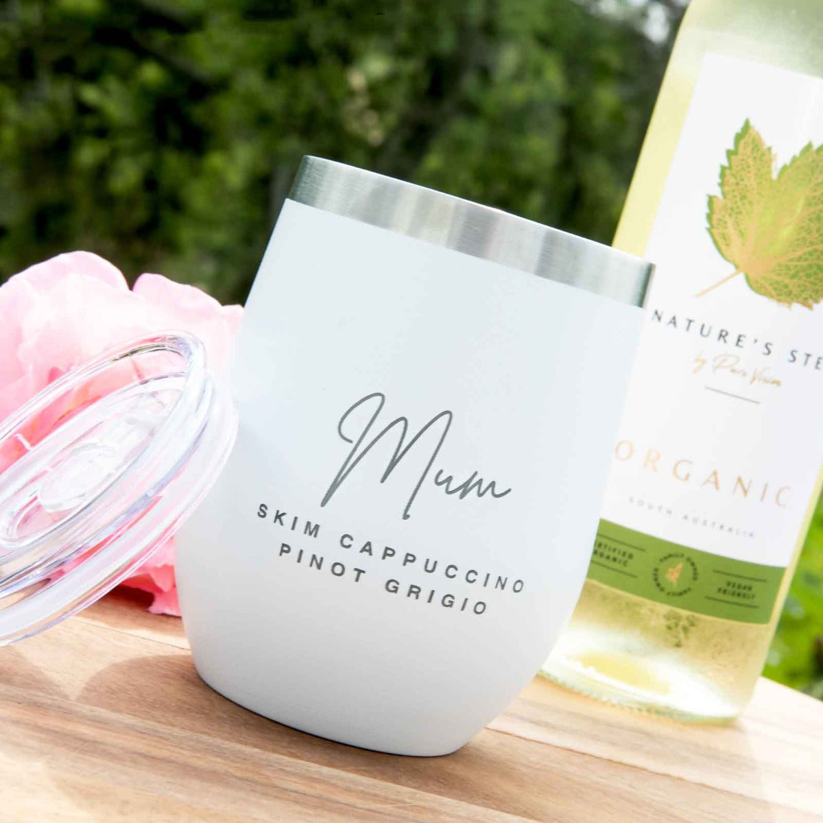 Custom Artwork Engraved Mother's Day White Coffee Keep Cup Wine Sipper Silver Rim Gift