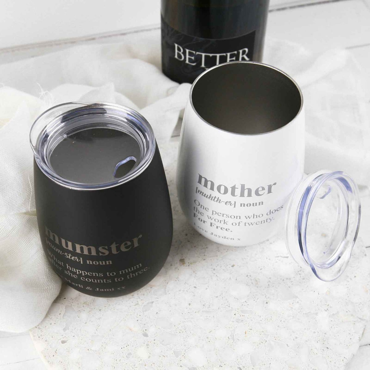 Custom Designed Engraved Black and White Mother's Day Stemless Wine Glass With Lid Wine Sipper Present