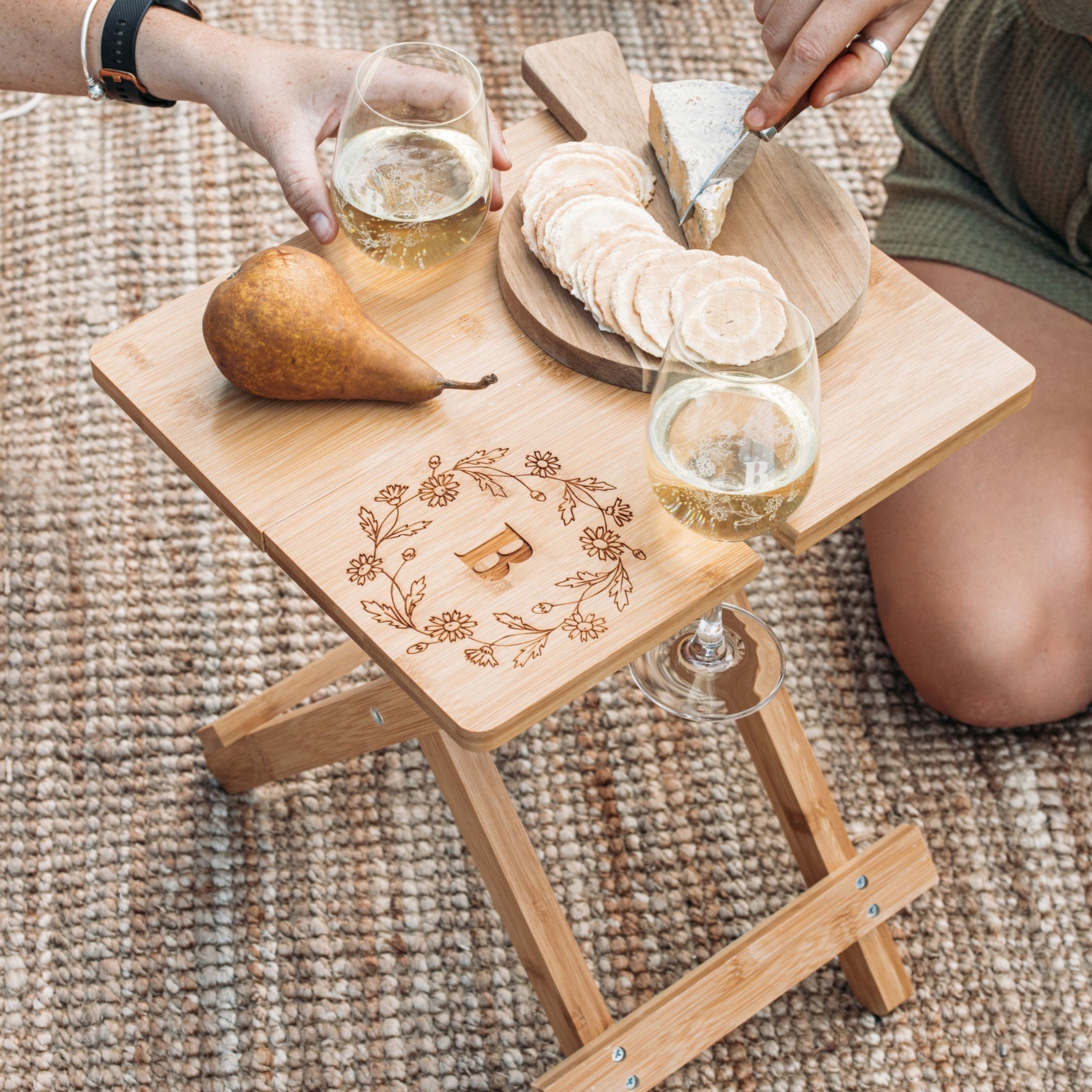 Engraved Mother's Day Bamboo Picnic Table with Engraved Wine Glasses