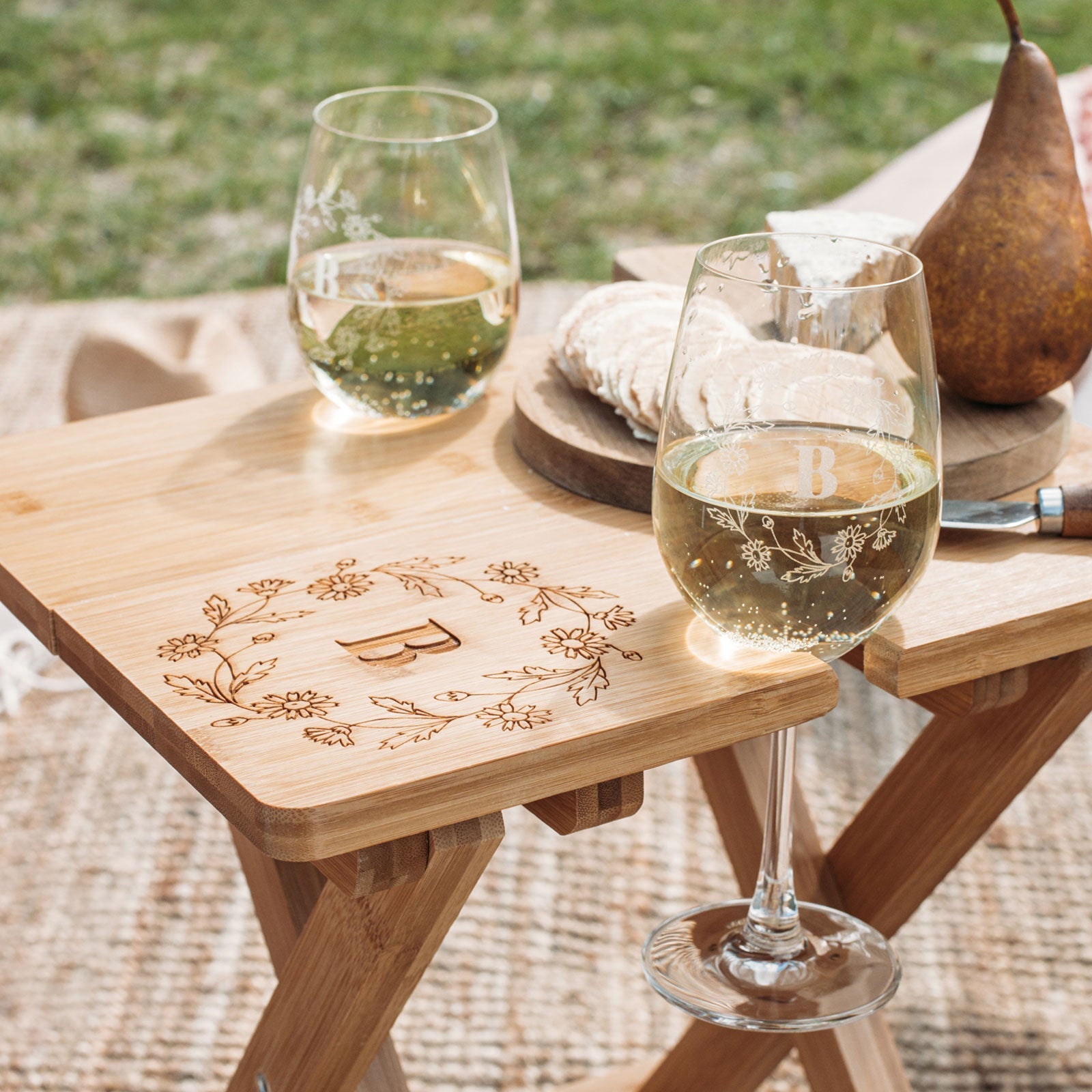 Engraved Mother's Day Bamboo Picnic Table with Engraved Wine Glasses
