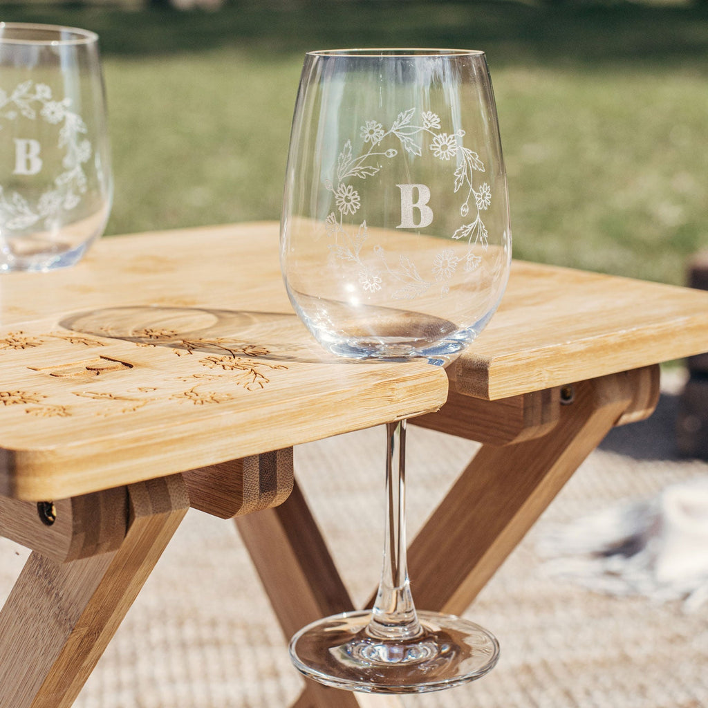 Engraved Mother's Day Bamboo Picnic Table with Engraved Wine Glasses