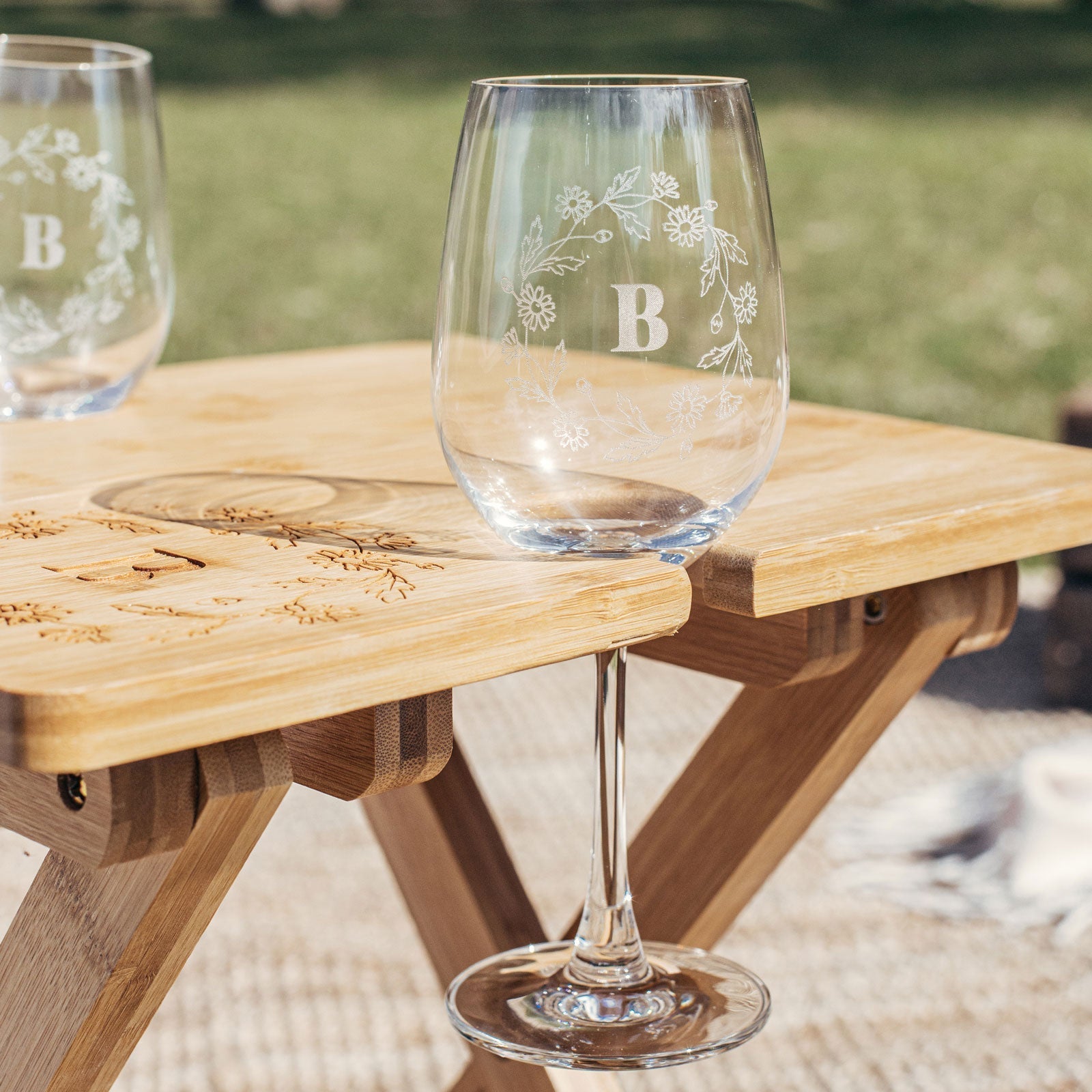 Engraved Mother's Day Bamboo Picnic Table with Engraved Wine Glasses