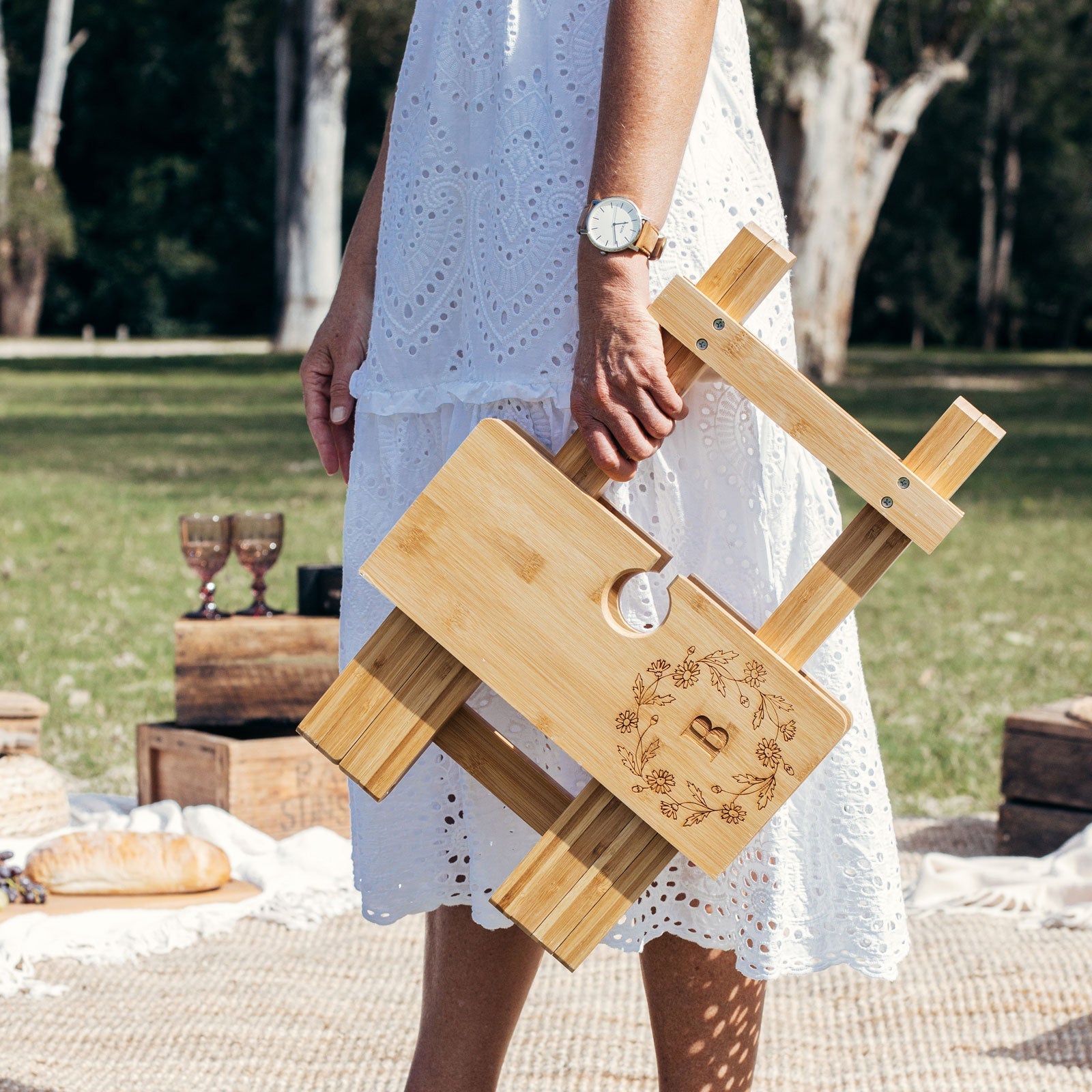 Engraved Mother's Day Bamboo Picnic Table with Engraved Wine Glasses