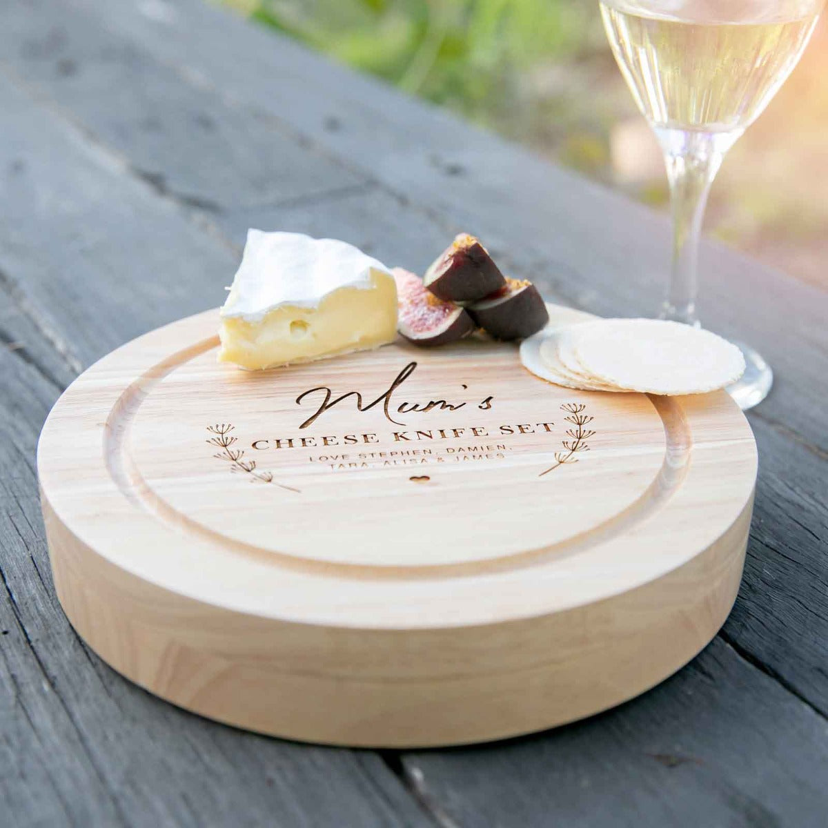 Custom Engraved Round Chopping Board with 3 piece cheese knife set Mother's Day Present