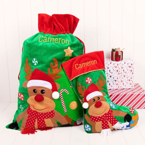 Personalised Reindeer Sack and Stocking Christmas Set