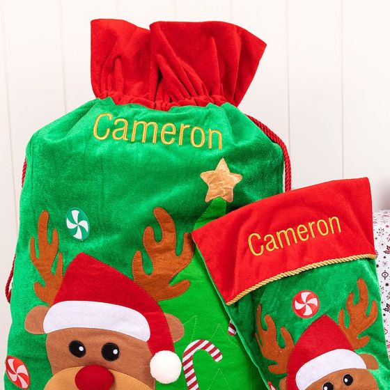 Personalised Reindeer Sack and Stocking Christmas Set