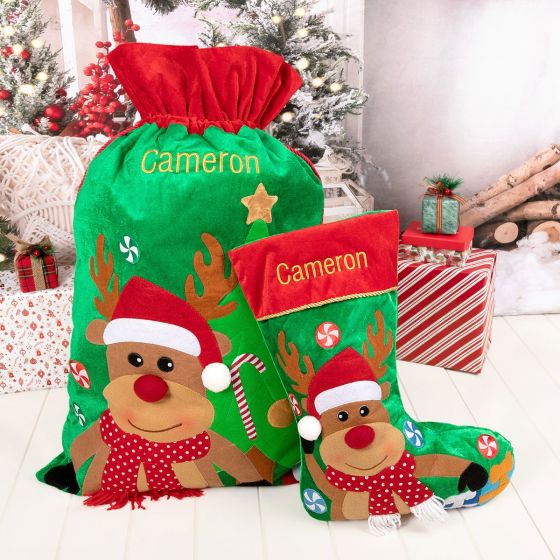 Custom Gold Embroidered Name Sack Sack and Stocking With Reindeer