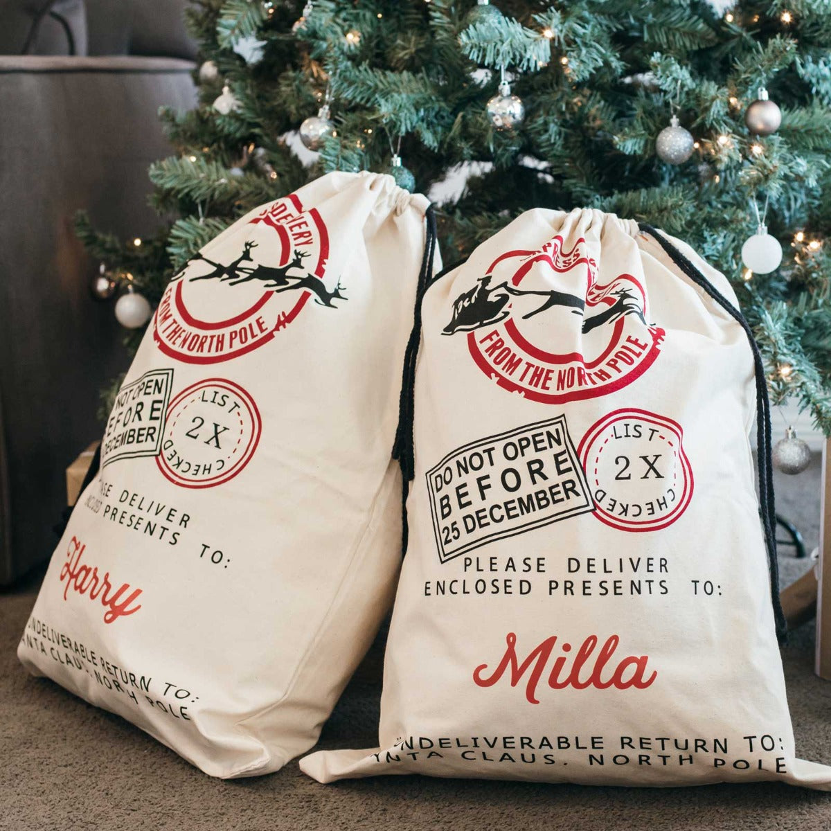 Printed Calico Christmas Santa Sack with Drawstring