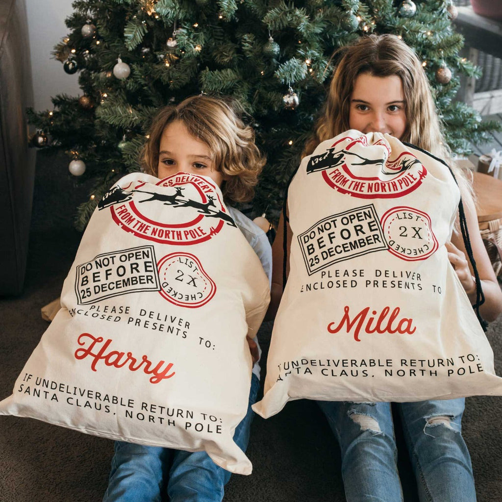 Printed Calico Christmas Santa Sack with Drawstring