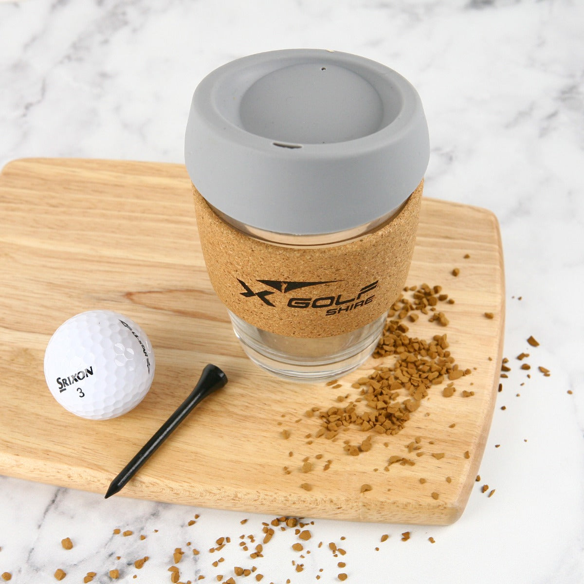 Grey lid Engraved Corporate Glass Cork Band Reusable Glass Coffee Keep Cup