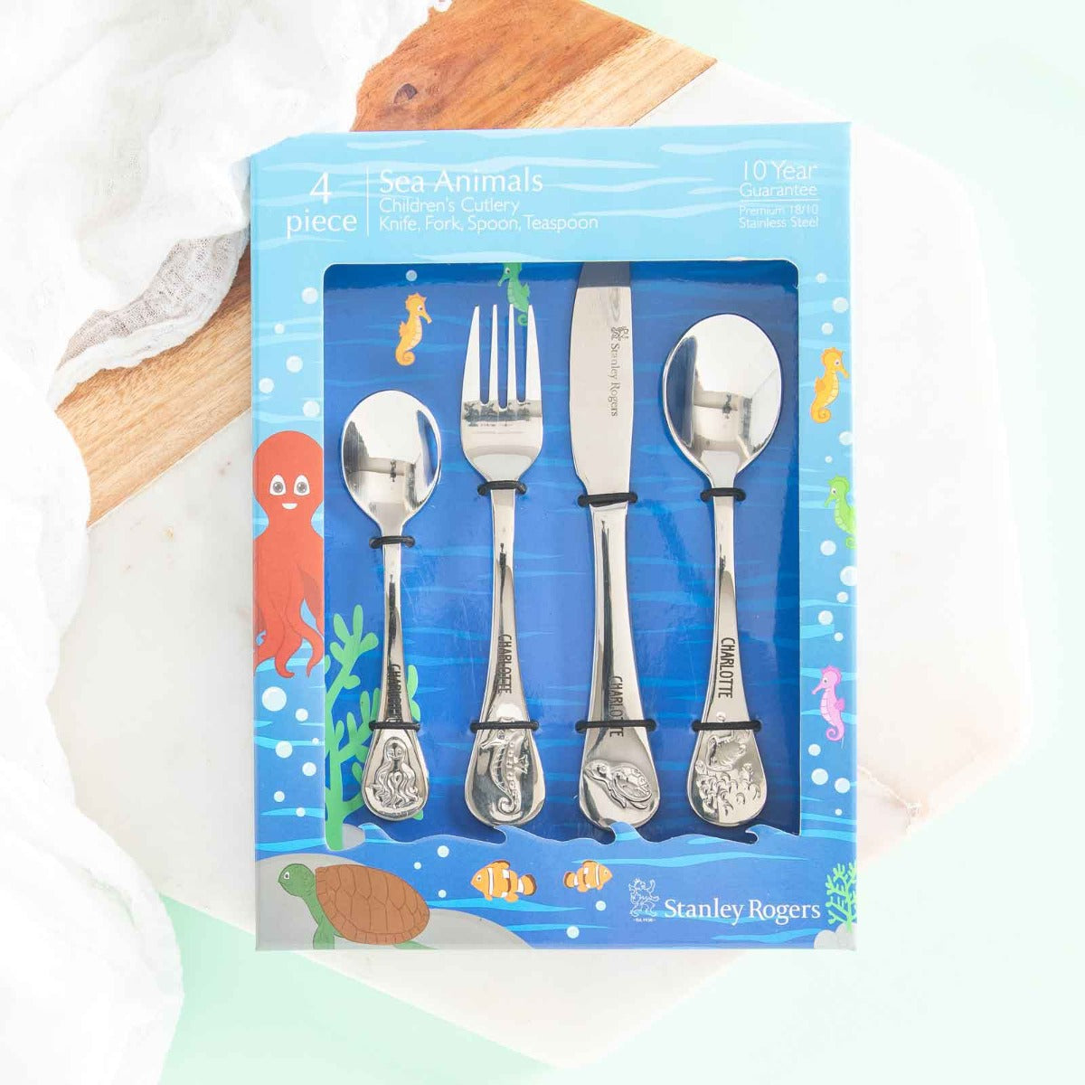 Engraved Stainless Steel Children's Cutlery 4 Piece Set Sea Animals