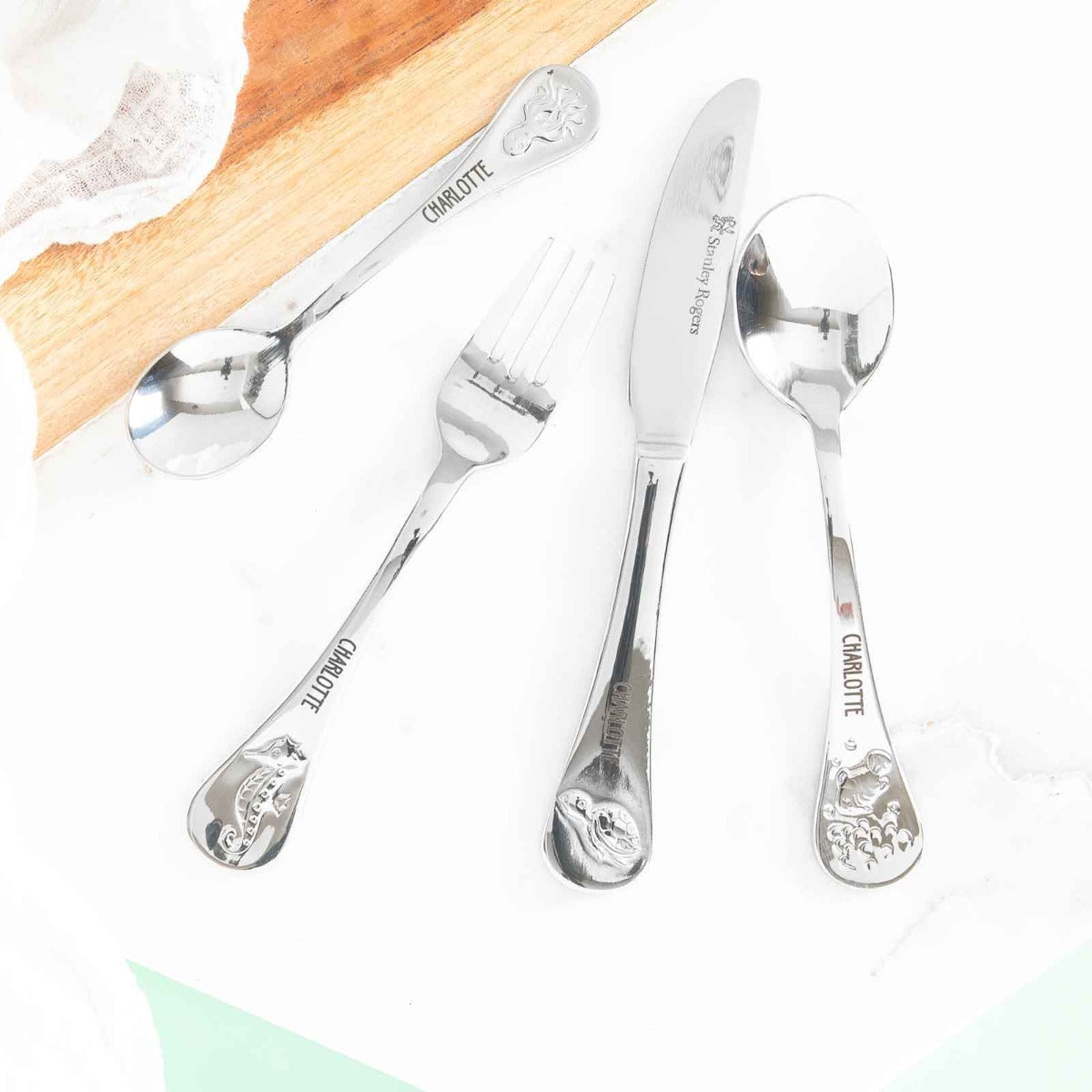 Customised Engraved Name Stainless Steel kids Cutlery 4 Piece Set Sea Animals birthday Gift