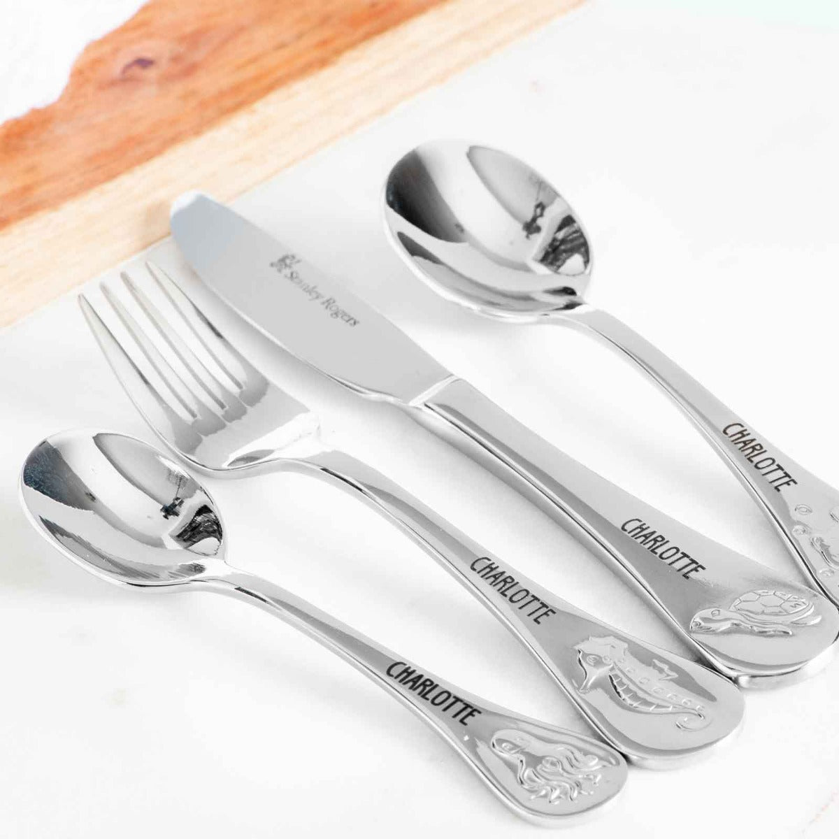 Engraved Stainless Steel Children's Cutlery 4 Piece Set Sea Animals