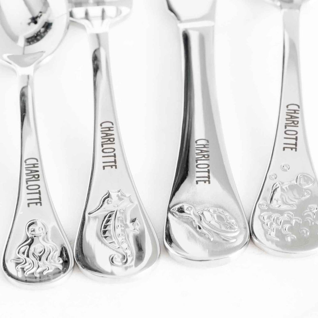 Custom Artwork Engraved Name Stainless Steel Children's Cutlery 4 Piece Set Sea Animals Christmas Gift