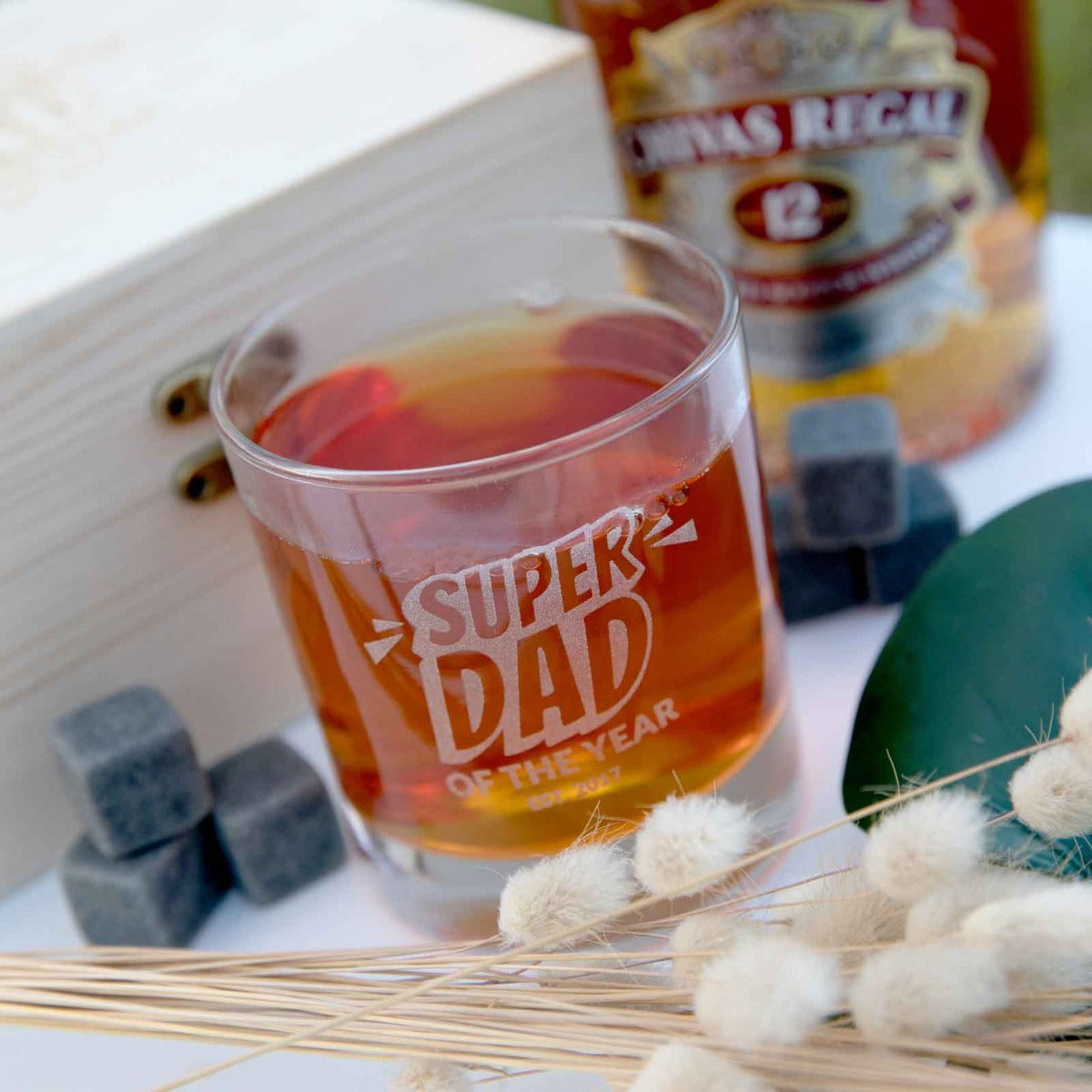 Customised Engraved Super Dad Wooden Gift Boxed Scotch Glass and Whiskey Stone Set