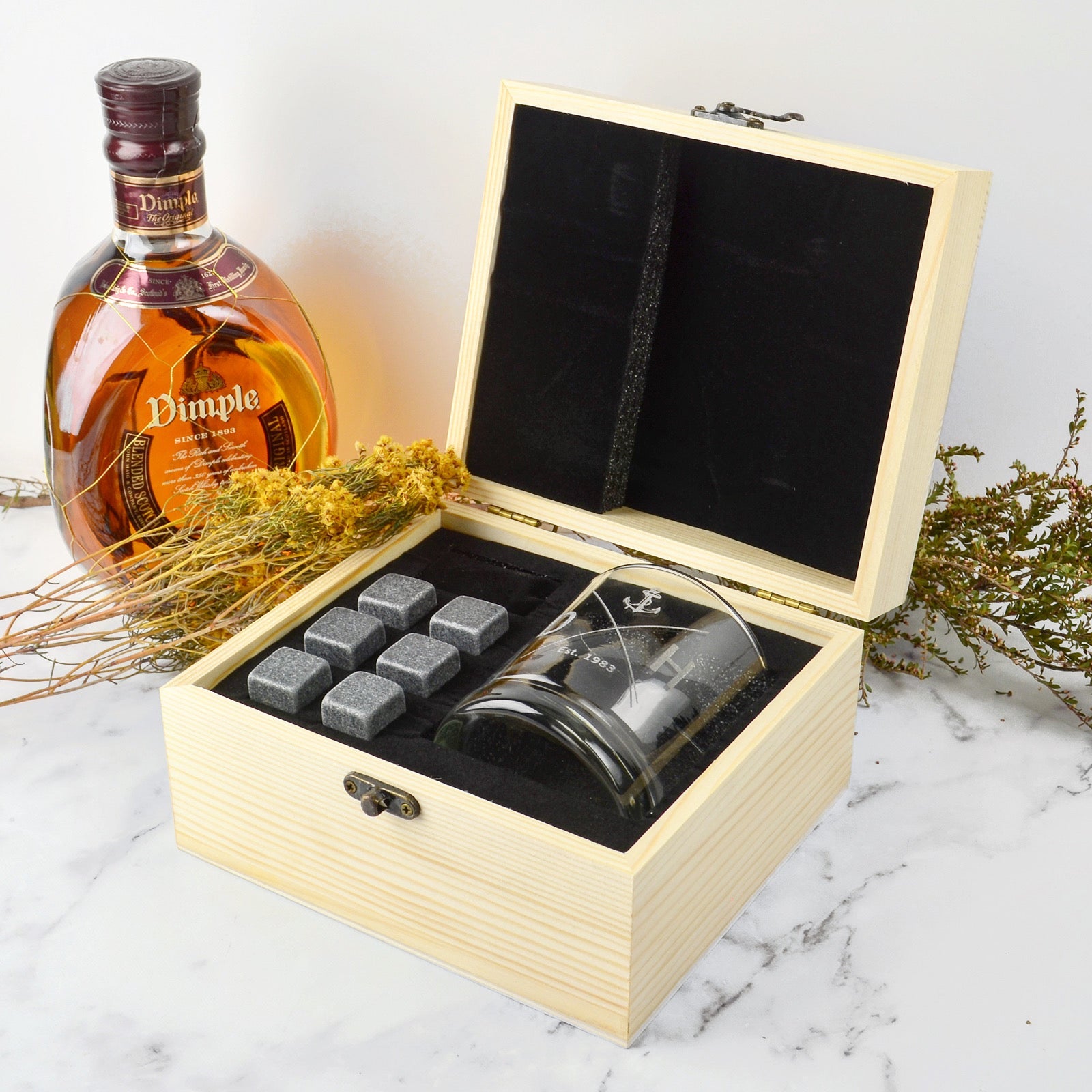 Engraved Wooden Gift Boxed Scotch Glass and Whiskey Stone Set Barware Gift