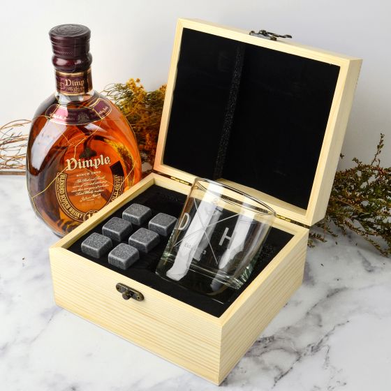 Custom Designed Initials Engraved Wooden Gift Boxed Scotch Glass and Whiskey Stone Set Barware Present