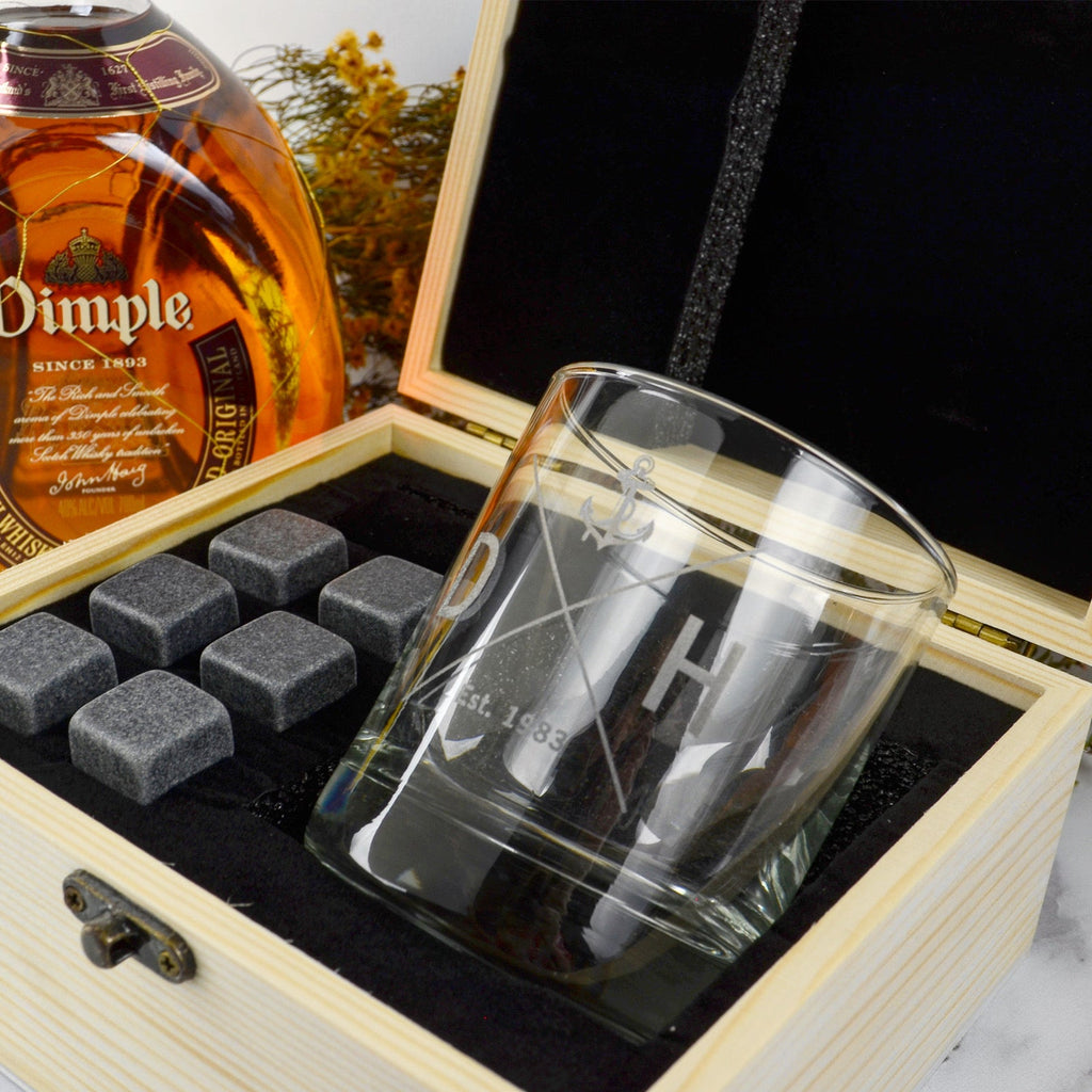 Engraved Wooden Gift Boxed Scotch Glass and Whiskey Stone Set Barware Gift
